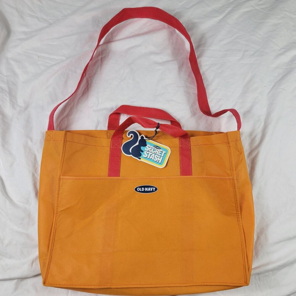 Old Navy Secret Stash Tote Bag Orange With Red Straps Reusable Shopping
